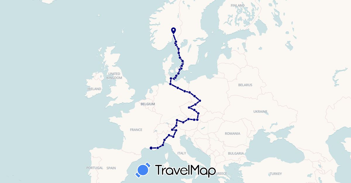 TravelMap itinerary: driving in Austria, Switzerland, Czech Republic, Germany, Denmark, France, Italy, Norway, Poland, Sweden (Europe)